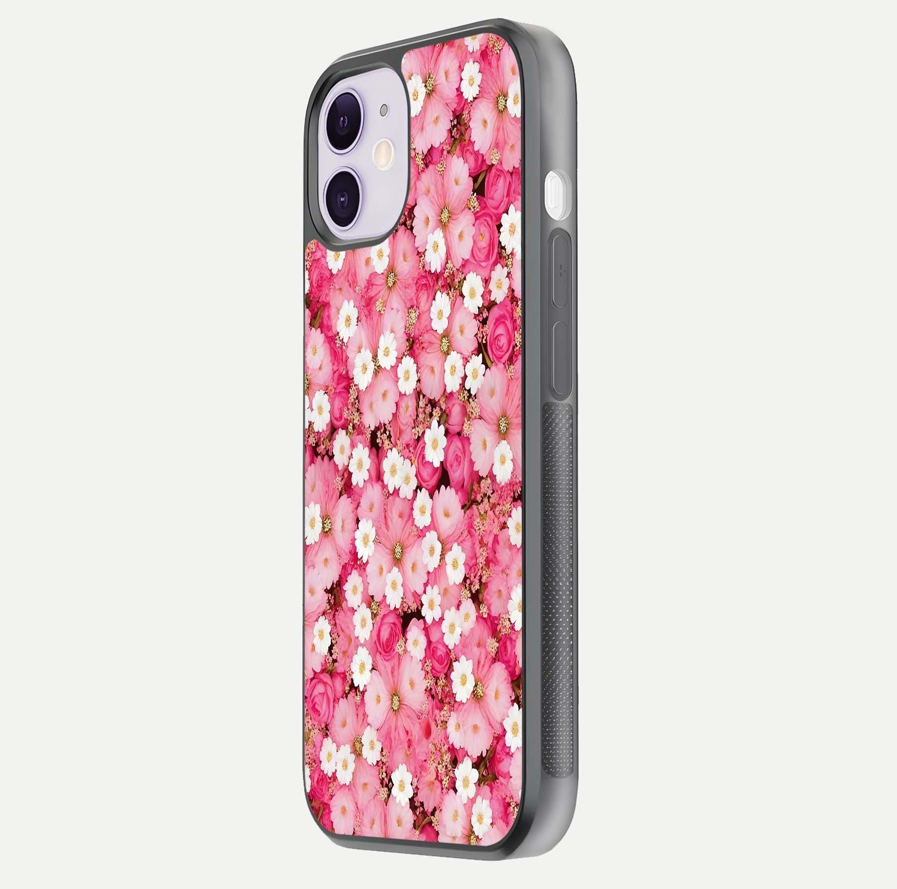 Pink Daisy Bliss Glass Case for iPhone 11 side-angle image showing delicate daisy pattern and glass reflection