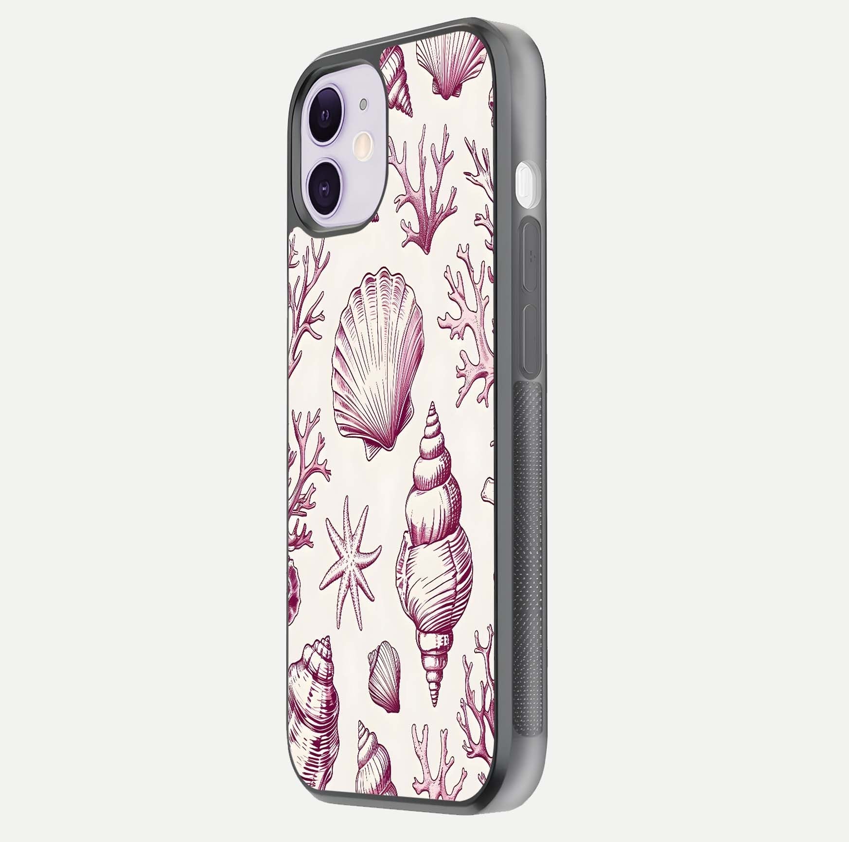 Pink Shells Outline Glass Case for iPhone 11 side-angle image showing shine and intricate outline texture
