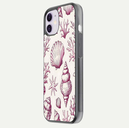 Pink Shells Outline Glass Case for iPhone 11 side-angle image showing shine and intricate outline texture
