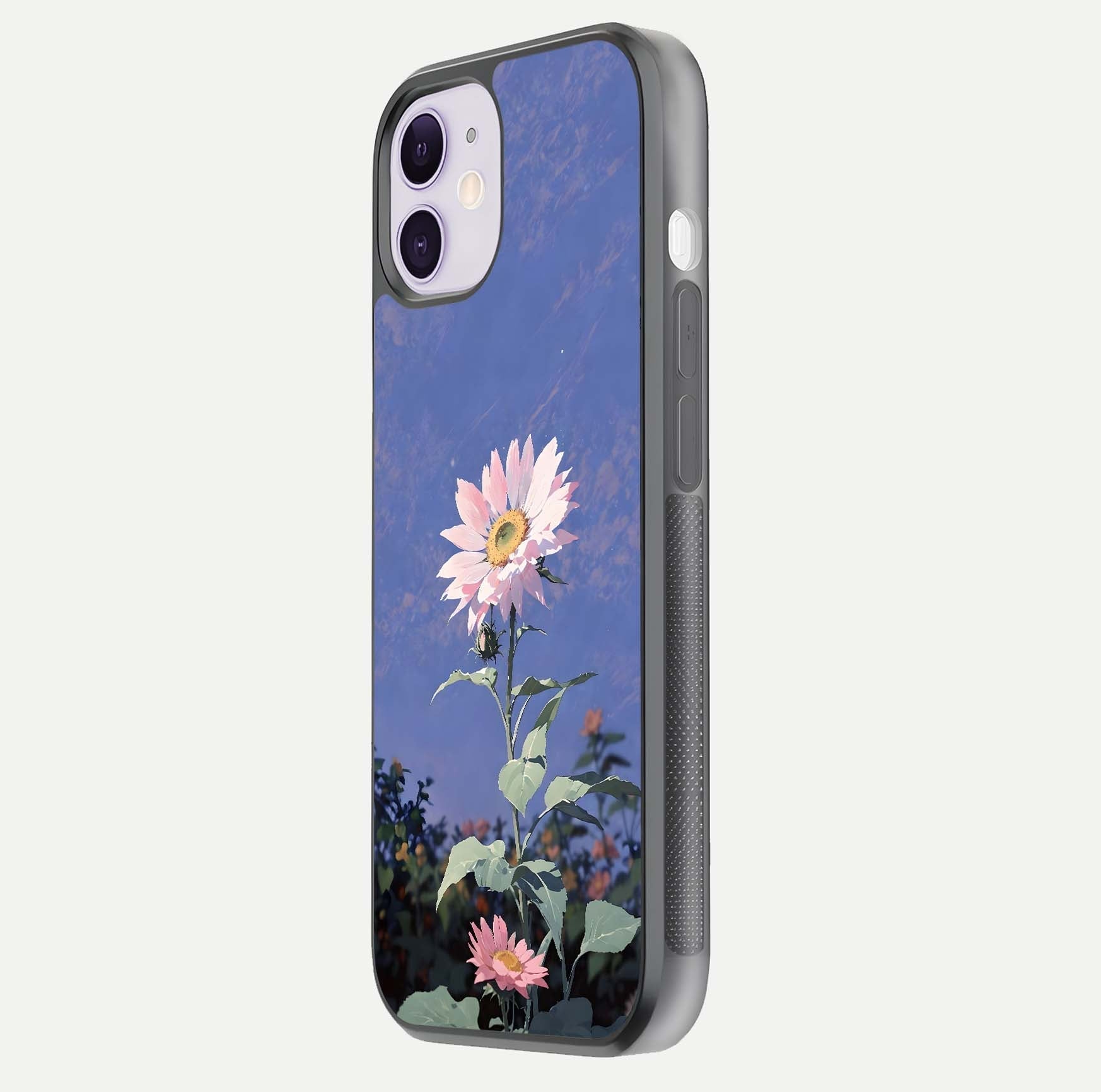 Pink Sunflower Glow Glass Case for iPhone 11 side-angle image showing glossy edges and vivid sunflower tones
