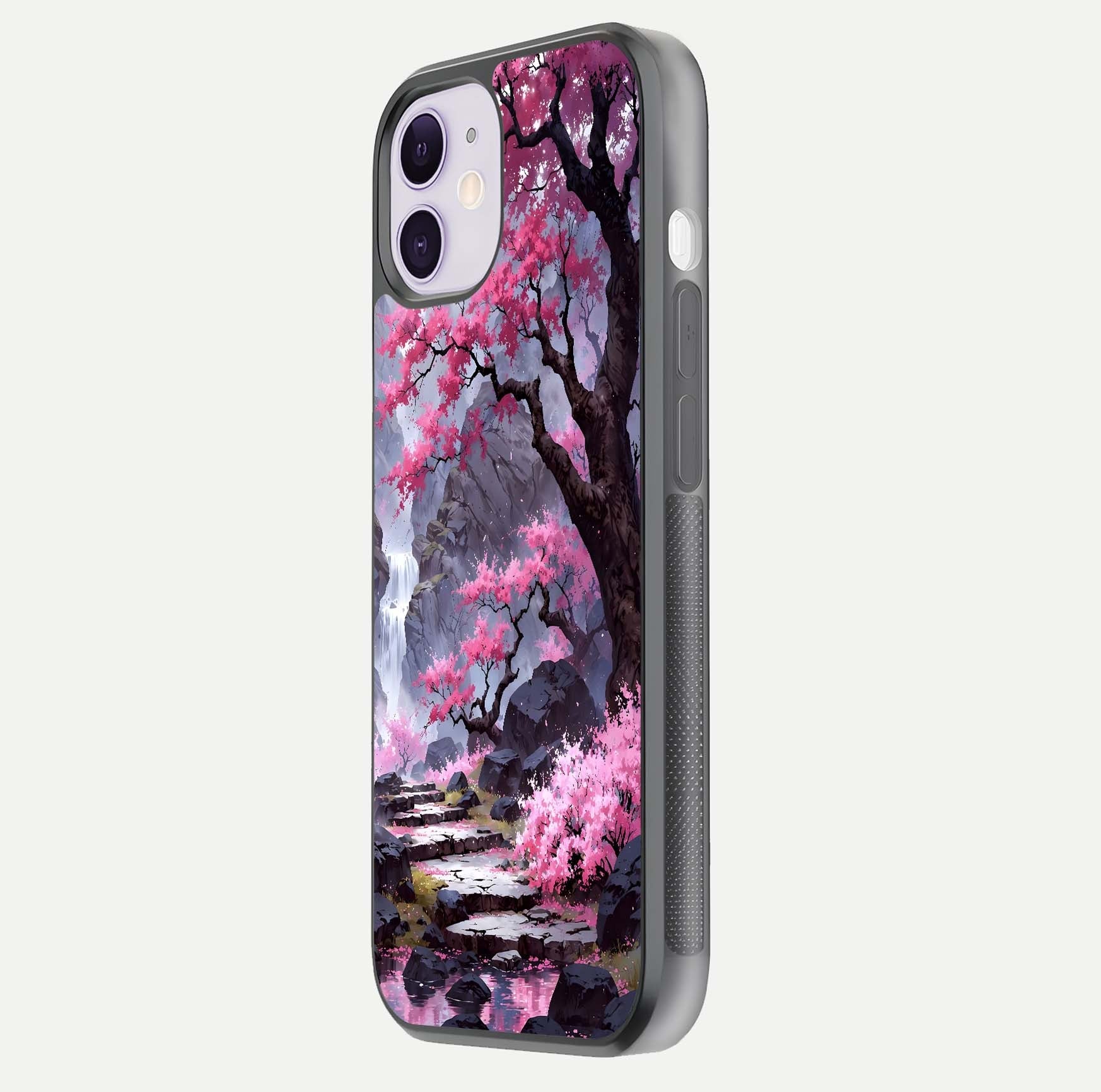 Pinkish Scenery Glass Case for iPhone 11 side-angle image showing depth, gloss, and scenic details
