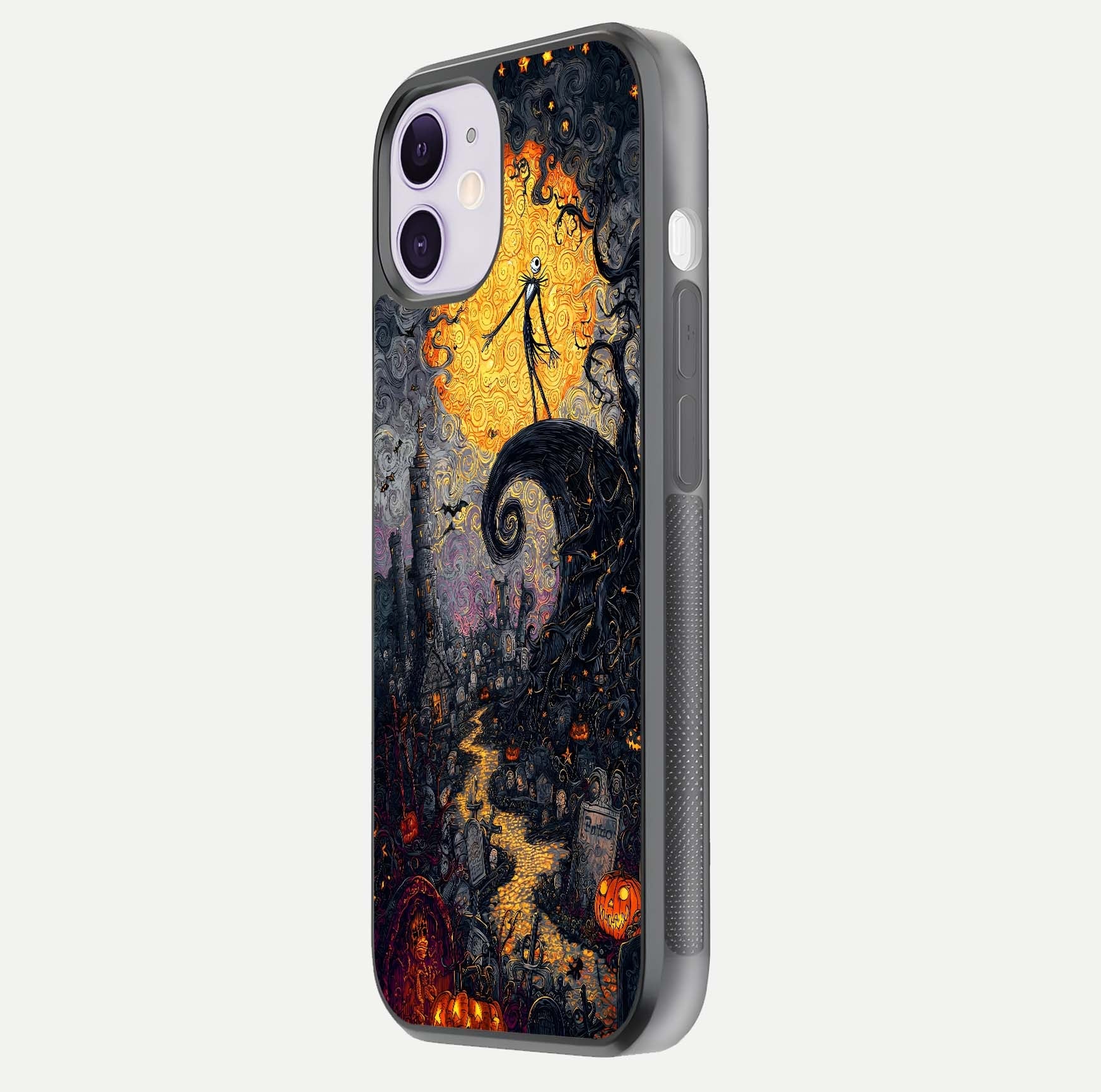 Pumpkin Moon Night Glass Case for iPhone 11 side-angle image showing reflection depth and pumpkin pattern