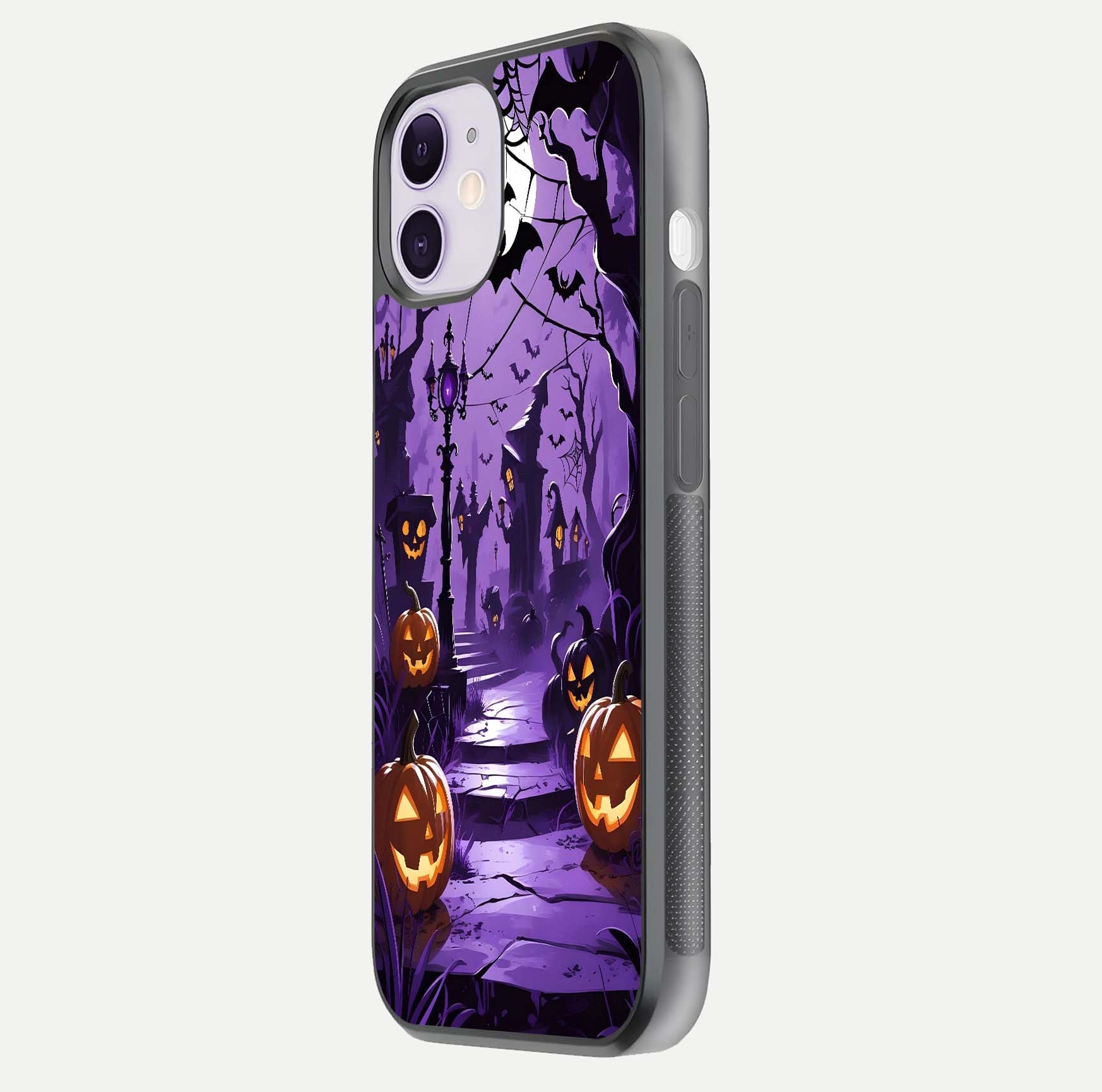 Pumpkin Patch Halloween Glass Case for iPhone 11 side-angle image showing shine, camera cutout, and spooky art