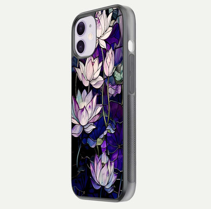 Purple Lotus Pattern Glass Case for iPhone 11 side-angle image showing reflection depth and lotus detail