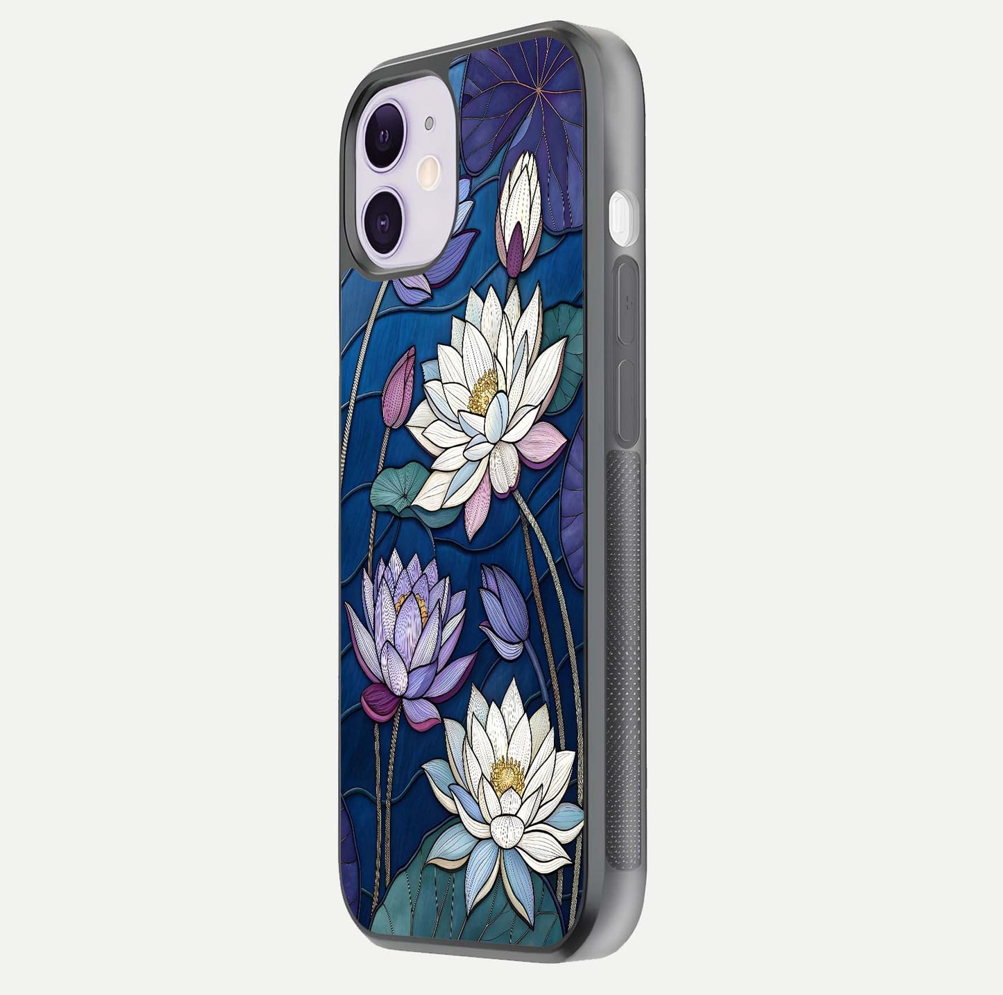 Purple Lotus Stained Glass Case for iPhone 11 side-angle image showing gloss, reflection, and intricate detailing