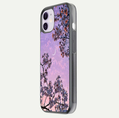 Purple Serenity Moon Glass Case for iPhone 11 side-angle image showing reflection and lunar art precision