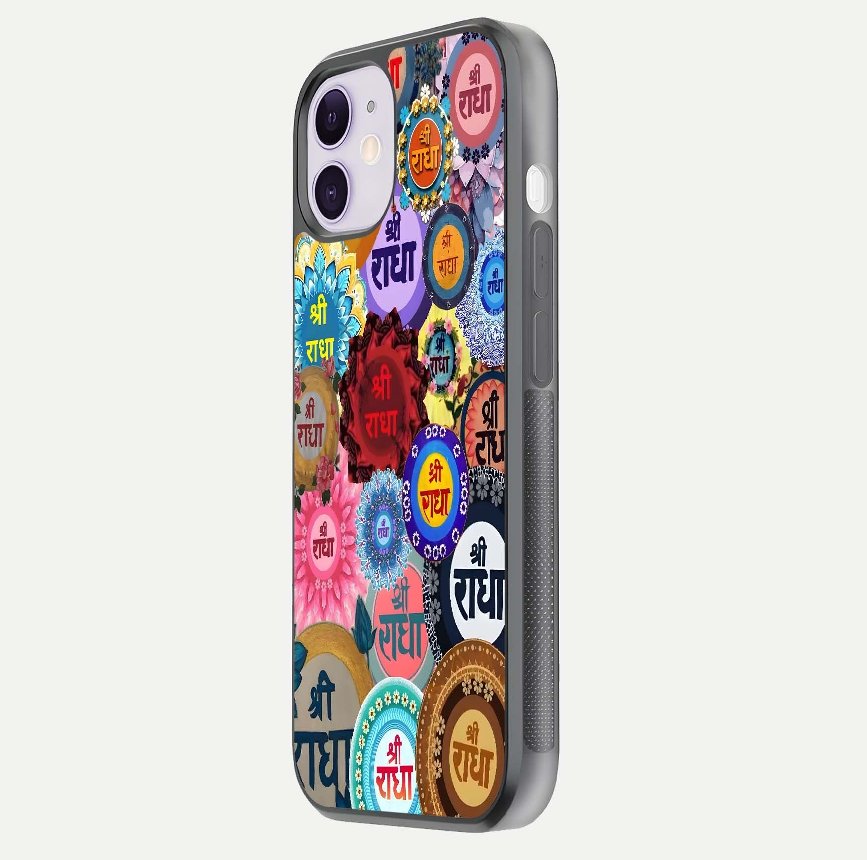 Radha Divine Bloom Glass Case for iPhone 11 side-angle image showing shine, reflection, and floral motif