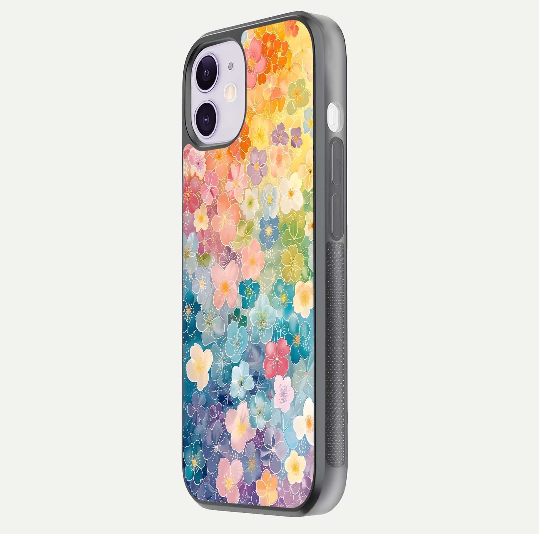 Rainbow Blossom Burst Glass Case for iPhone 11 side-angle image showing reflection and floral burst detail