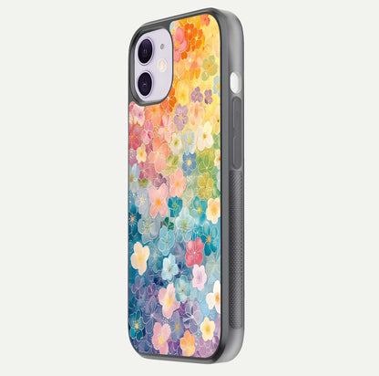 Rainbow Blossom Burst Glass Case for iPhone 11 side-angle image showing reflection and floral burst detail
