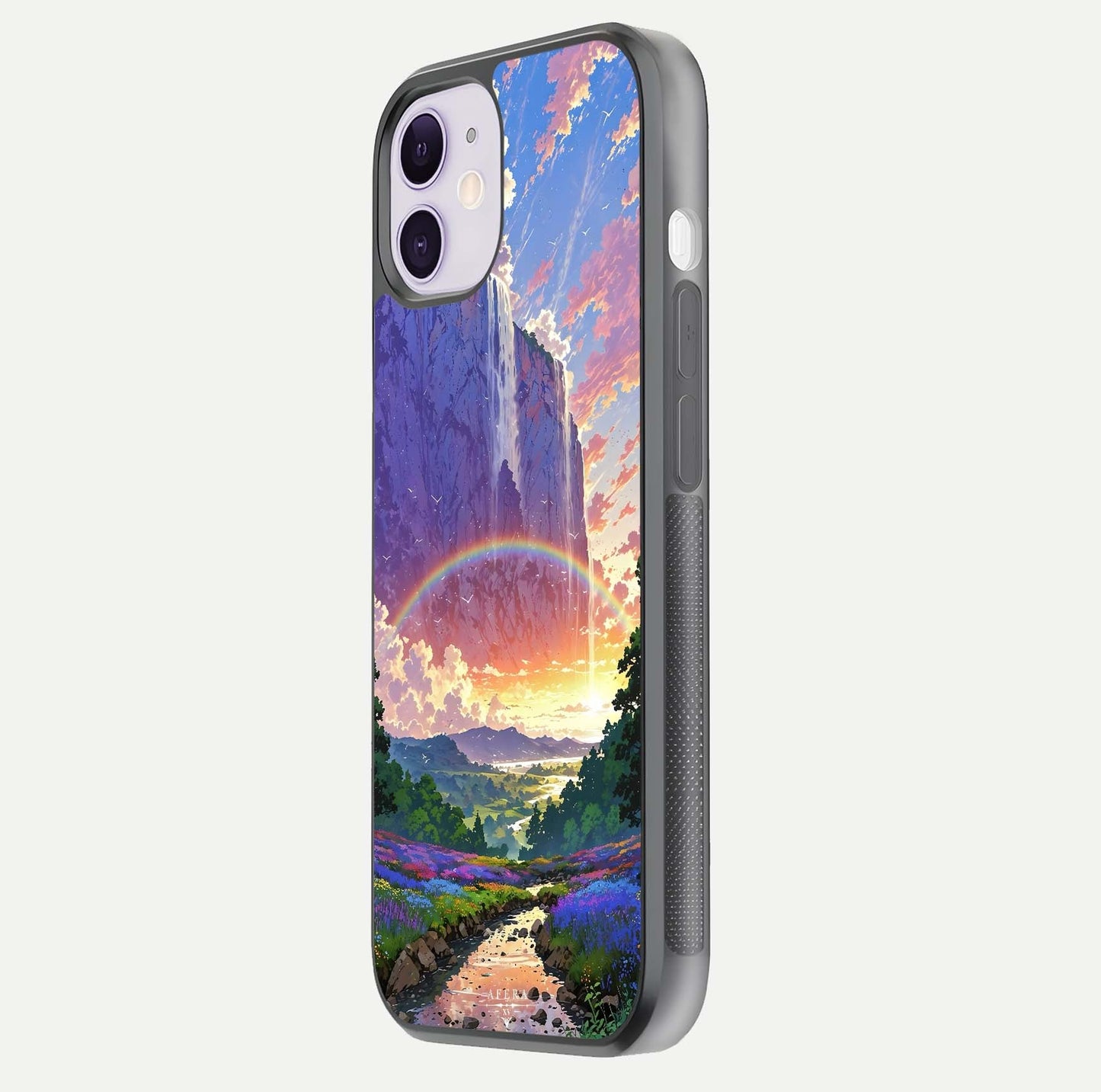 Rainbow Valley Dream Glass Case for iPhone 16 Pro side-angle image showing light reflection and scenic tones