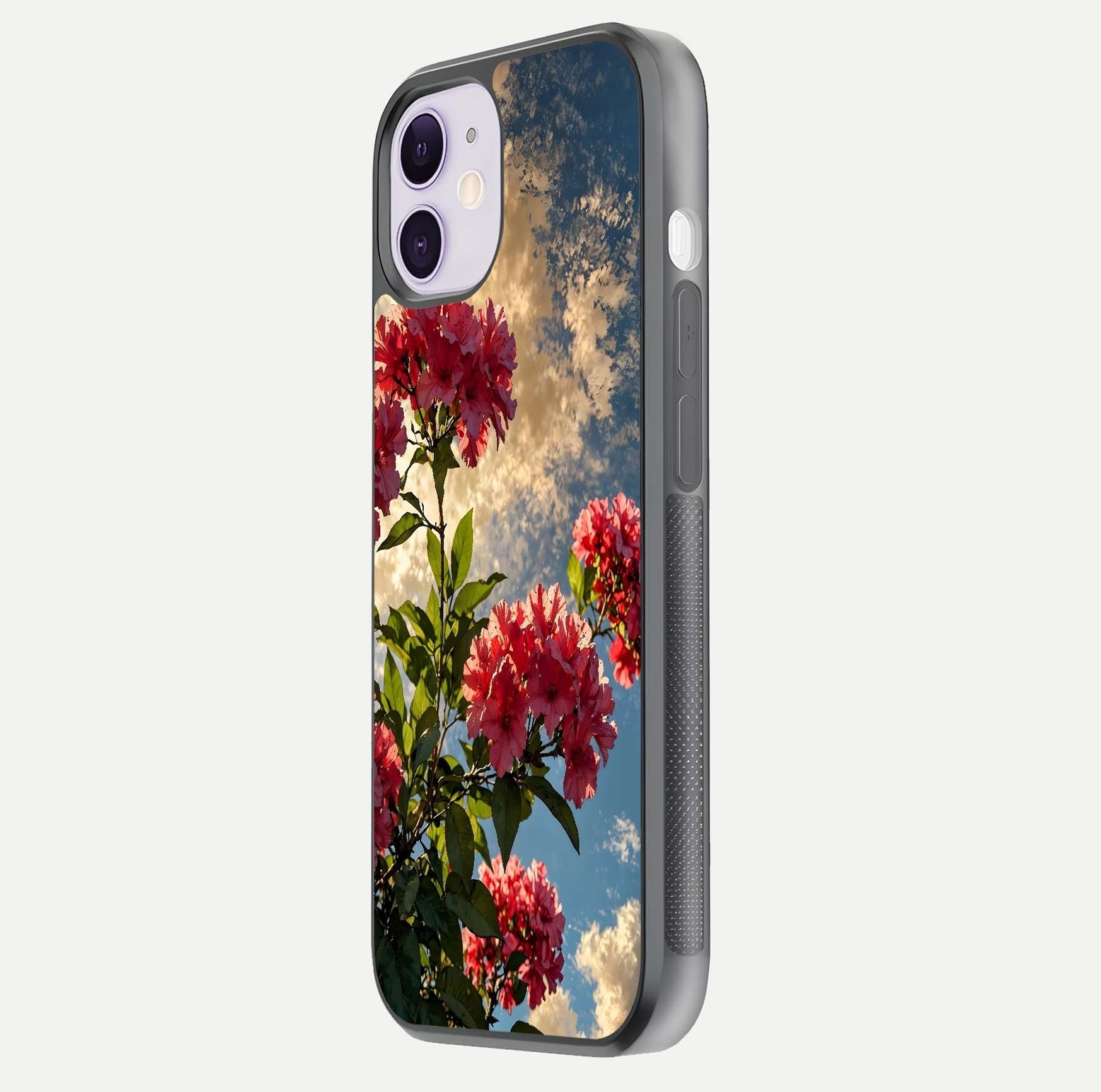 Red Bloom Skies Glass Case for iPhone 11 side-angle image showing reflection, print clarity, and tone blend