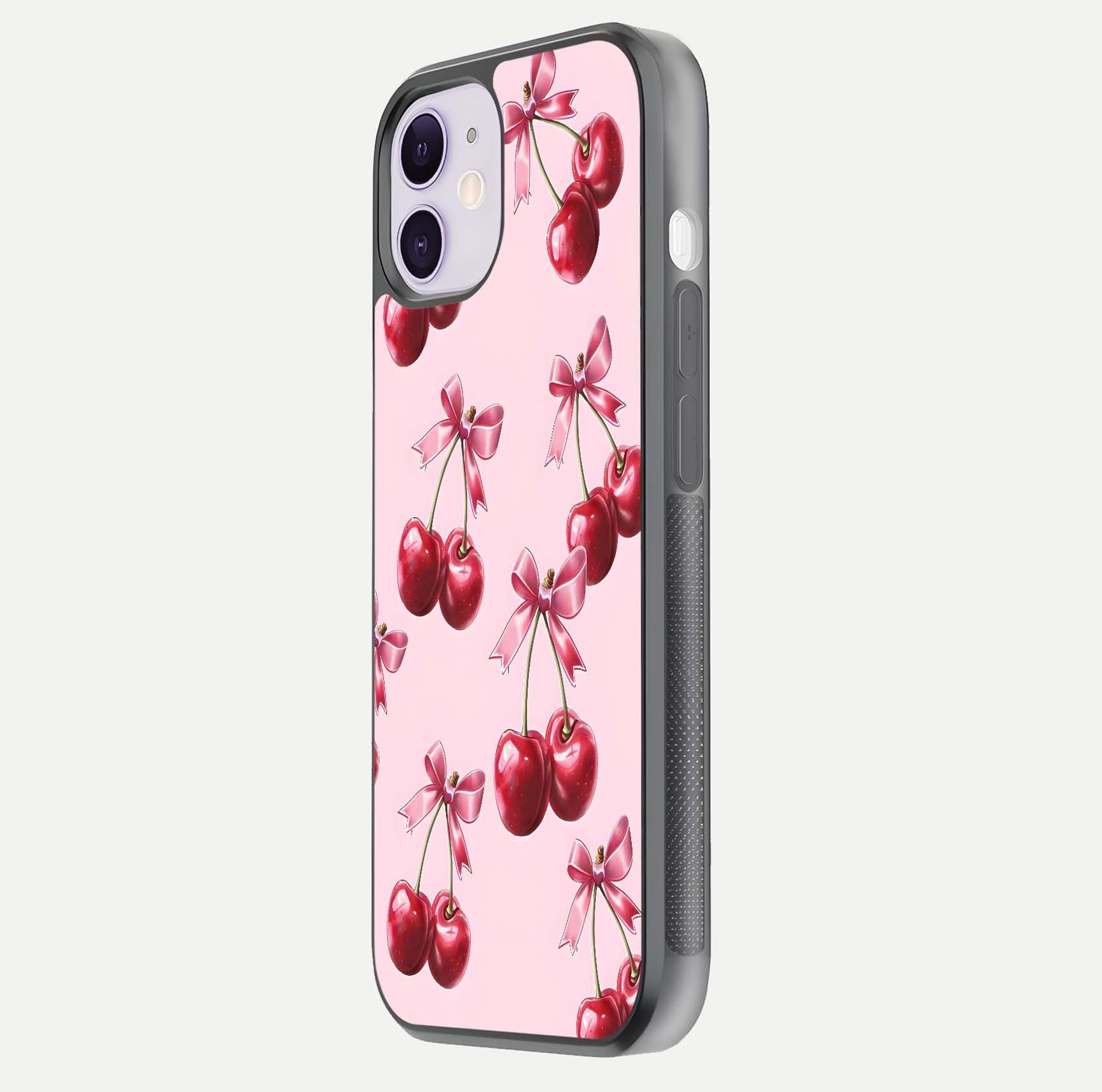 Red Cherries Pattern Glass Case for iPhone 11 side-angle image showing gloss surface and cherry details