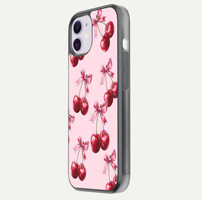 Red Cherries Pattern Glass Case for iPhone 11 side-angle image showing gloss surface and cherry details