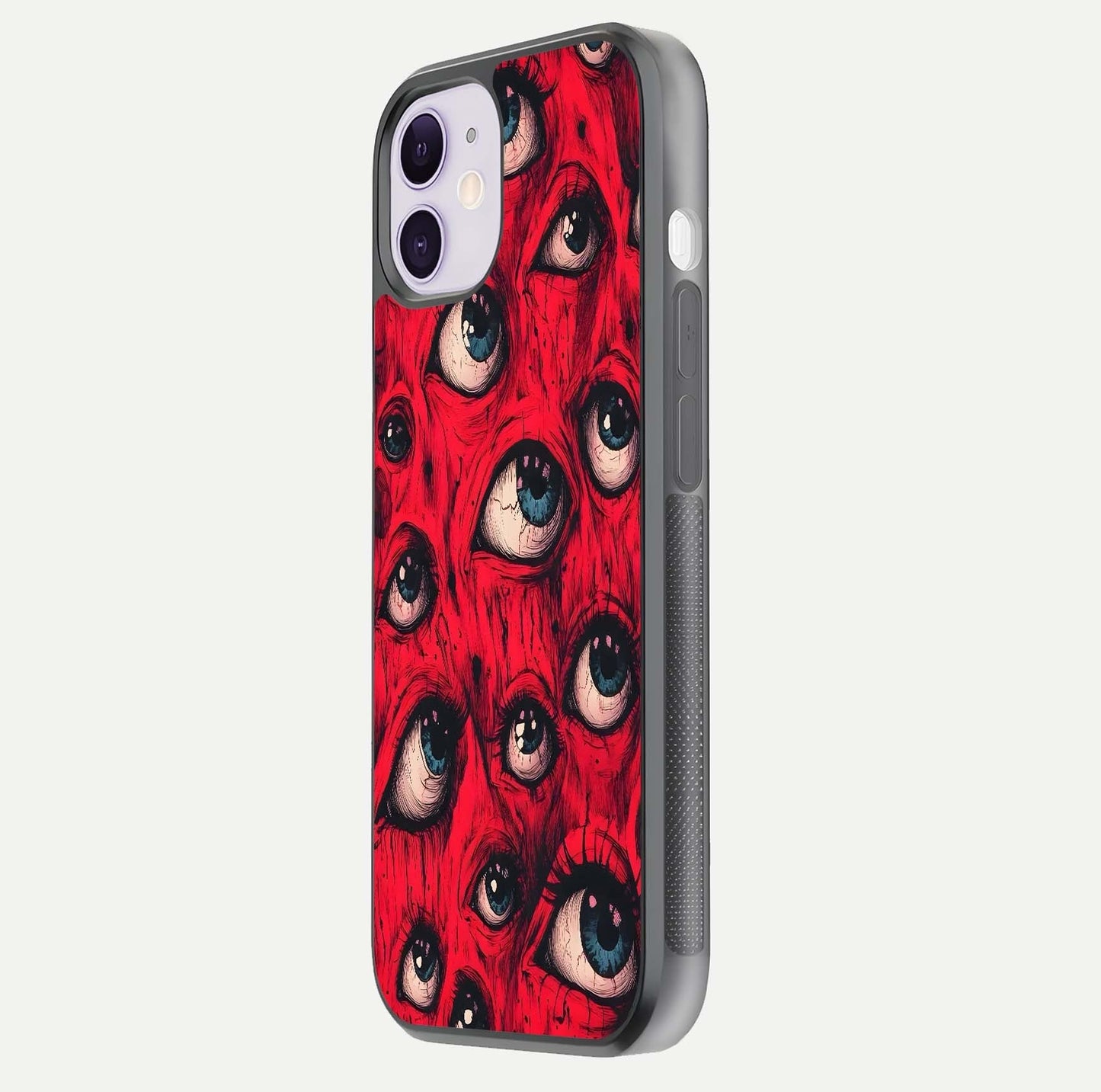 Red Eyes Pattern Glass Case for iPhone 11 side-angle image showing shine, detail, and red tone clarity