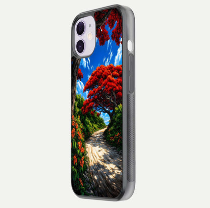 Red Trees Pathway Glass Case for iPhone 11 side-angle image showing reflection and autumn vibe