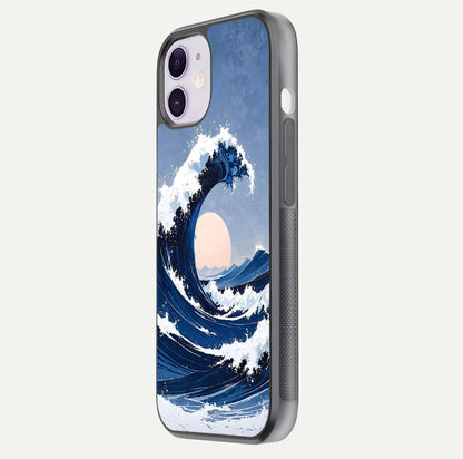 Rising Tide Power Glass Case for iPhone 11 side-angle image showing shine and detailed ocean art