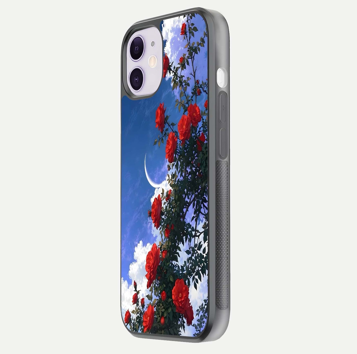 Rose Drift Flowers Glass Case for iPhone 11 side-angle image showing reflection and petal detail