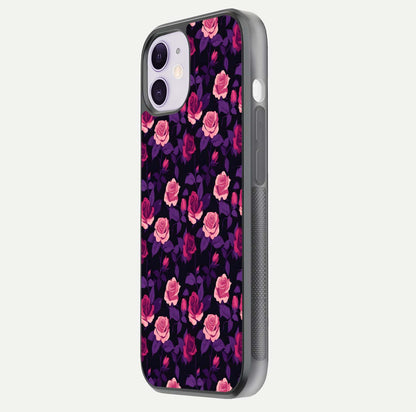 Rose Garden Twilight Glass Case for iPhone 11 side-angle image showing reflection, gloss, and floral detail