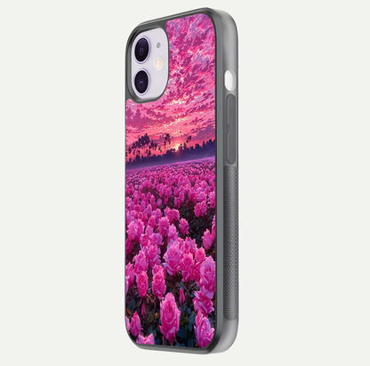 Rose Sunset Valley Glass Case for iPhone 11 side-angle image showing smooth edges and floral glow