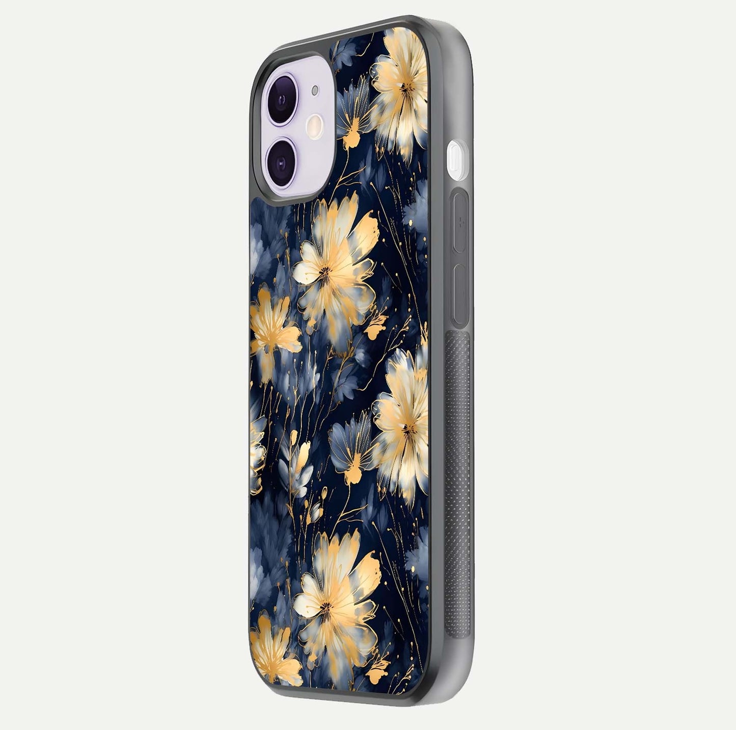 Royal Petal Dream Glass Case for iPhone 11 side-angle image showing smooth edges and royal bloom details