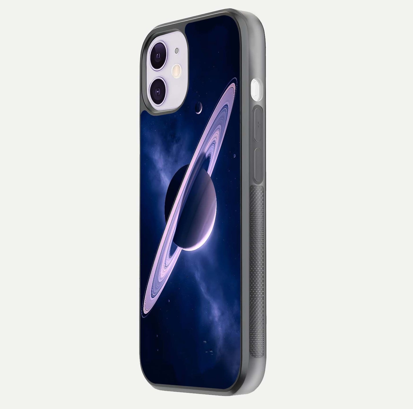 Saturn Ring Mystique Glass Case for iPhone 11 side-angle image showing shine and galaxy ring focus