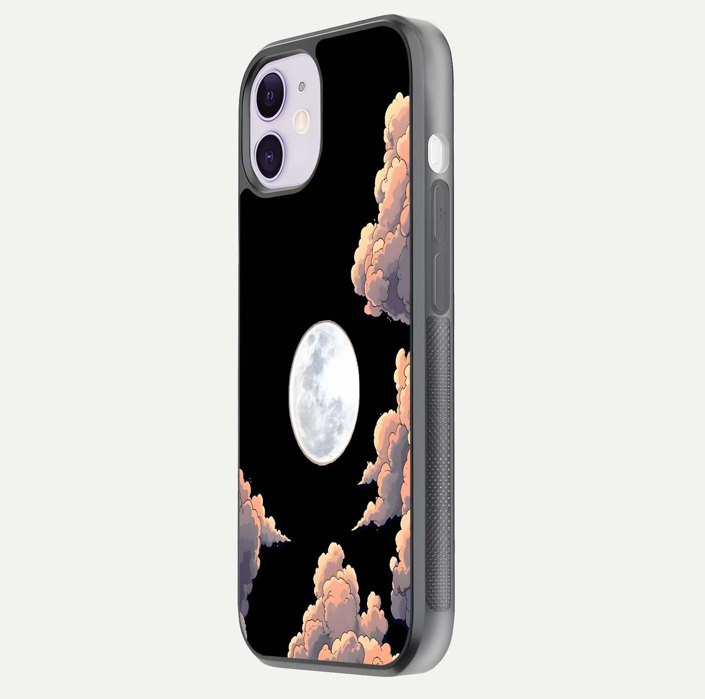 Shade Cloud Moon Glass Case for iPhone 11 side-angle image showing reflection and night-sky detail