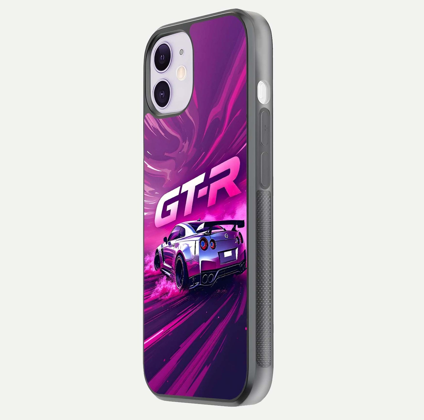 Speed Drift Legend Glass Case for iPhone 11 side-angle image showing car print reflection and surface gloss