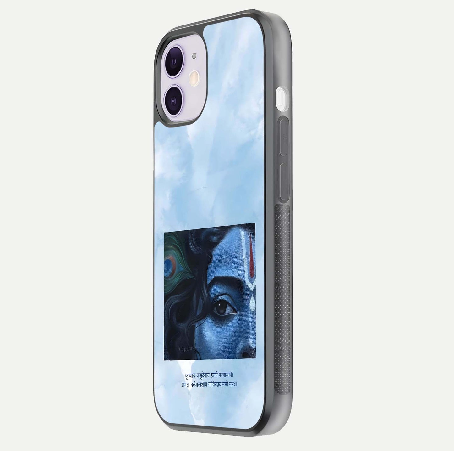 Spiritual Krishna Glass Case for iPhone 16 Pro side-angle image showing reflection and vivid artwork clarity