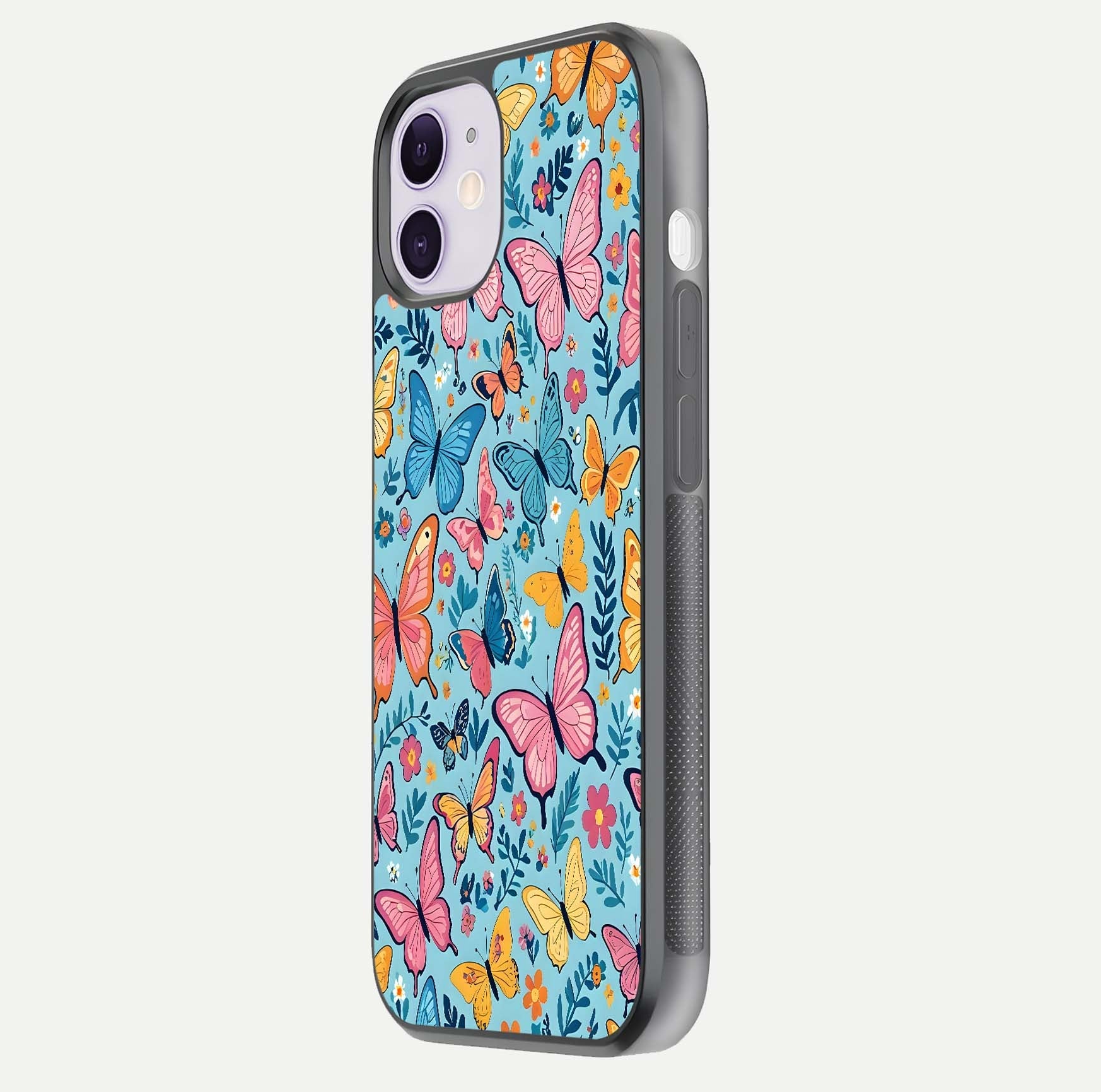 Spring Wing Garden Glass Case for iPhone 11 side-angle image showing shine, color, and pattern depth