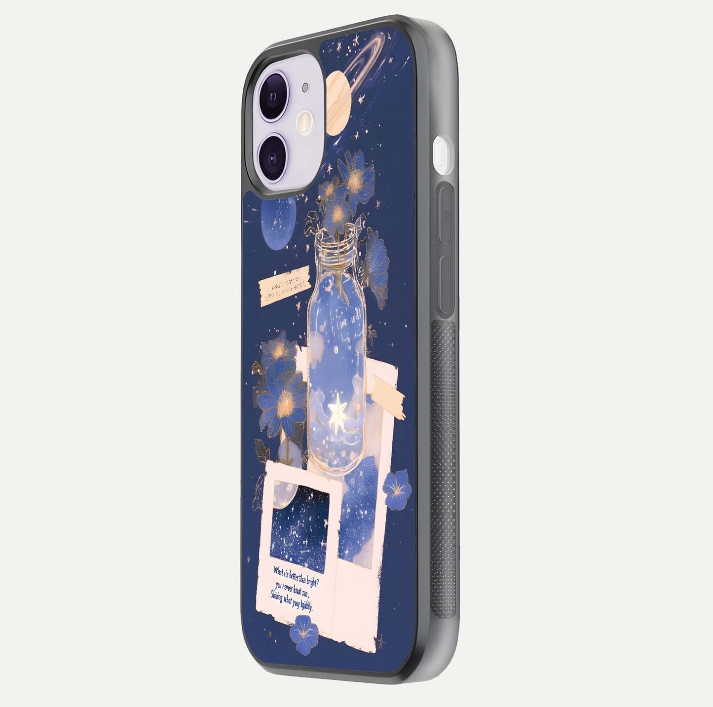 Starlit Cosmic Jar Glass Case for iPhone 11 side-angle image showing glow, texture, and light reflection