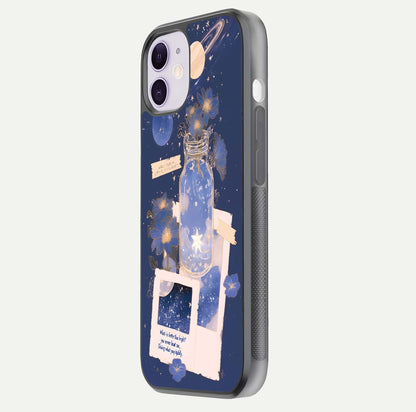 Starlit Cosmic Jar Glass Case for iPhone 11 side-angle image showing glow, texture, and light reflection