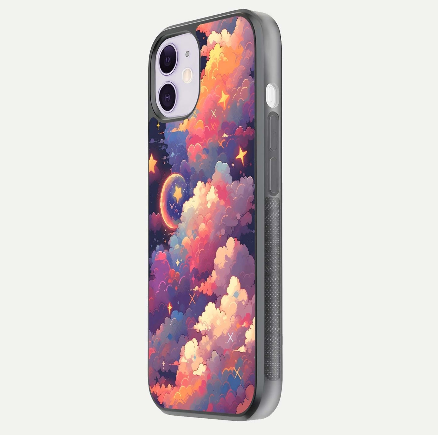 Starlit Dream Clouds Glass Case for iPhone 11 side-angle image showing shine, reflection, and dreamy tones