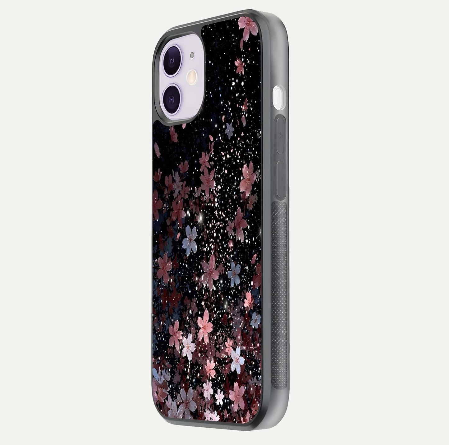 Starlit Flower Dreams Glass Case for iPhone 11 side-angle image showing shine, edge detail, and floral contrast