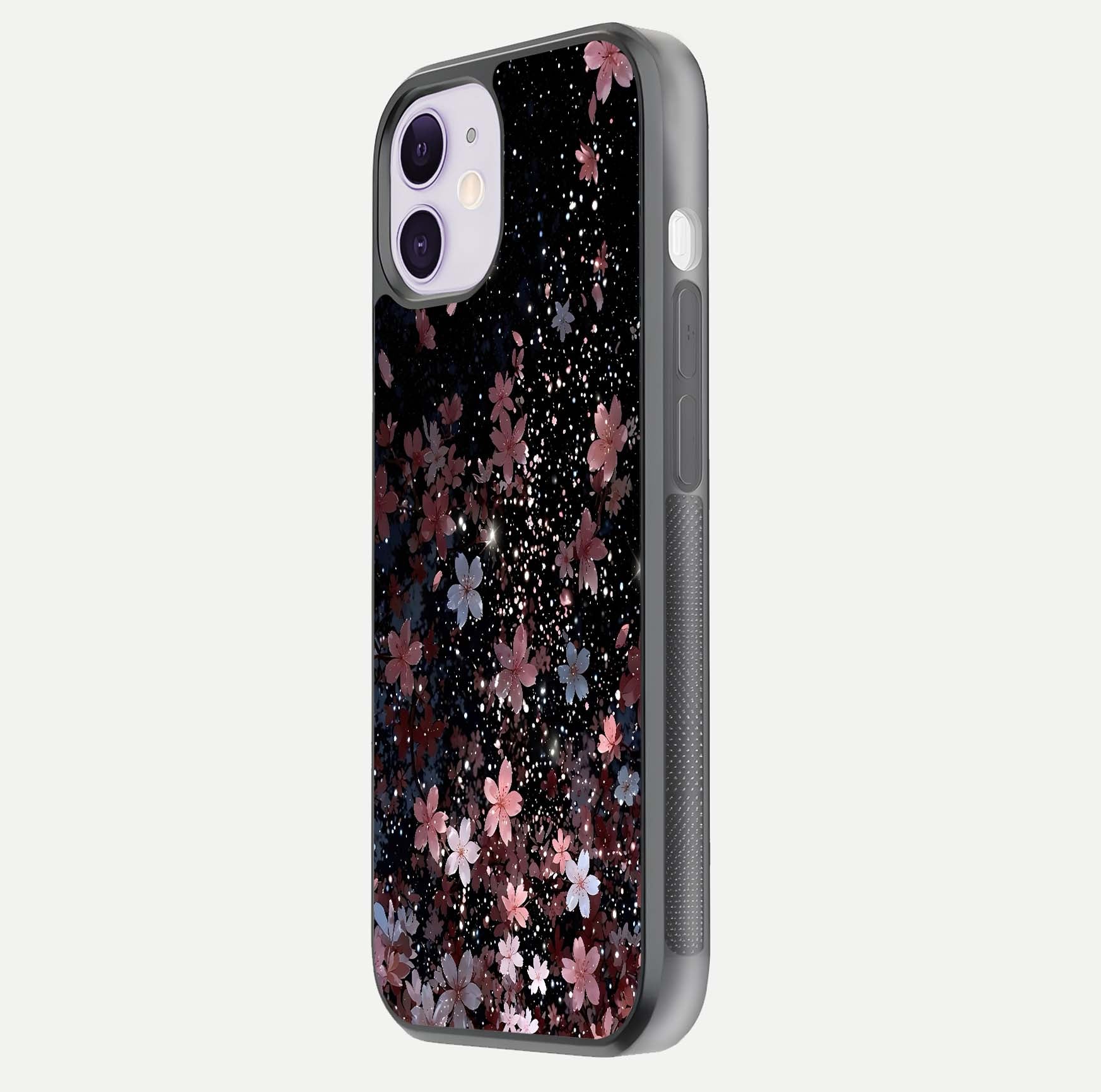 Starlit Flower Dreams Glass Case for iPhone 11 side-angle image showing shine, edge detail, and floral contrast