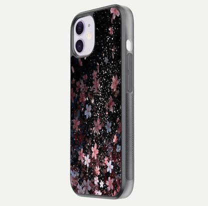 Starlit Flower Dreams Glass Case for iPhone 11 side-angle image showing shine, edge detail, and floral contrast
