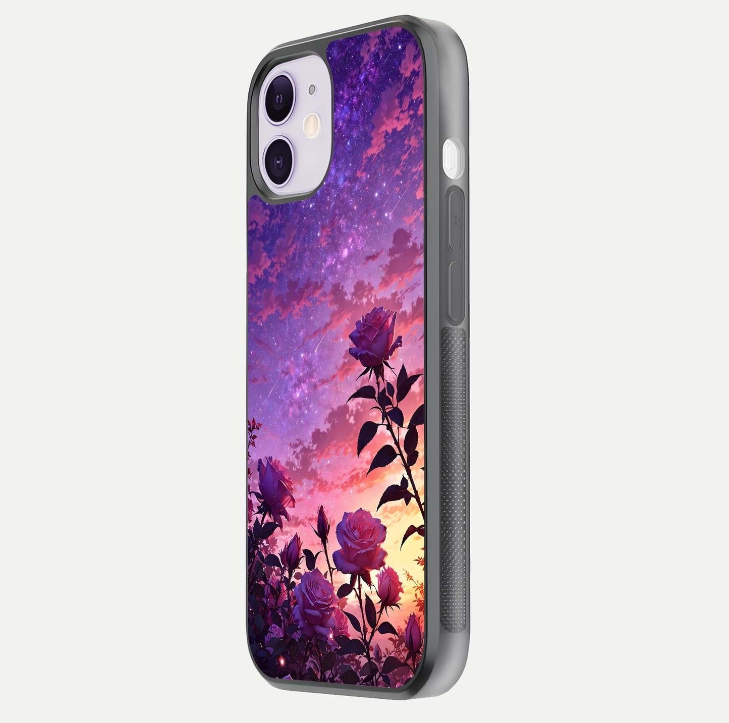 Starlit Rose Twilight Glass Case for iPhone 11 side-angle image showing reflection and petal contrast