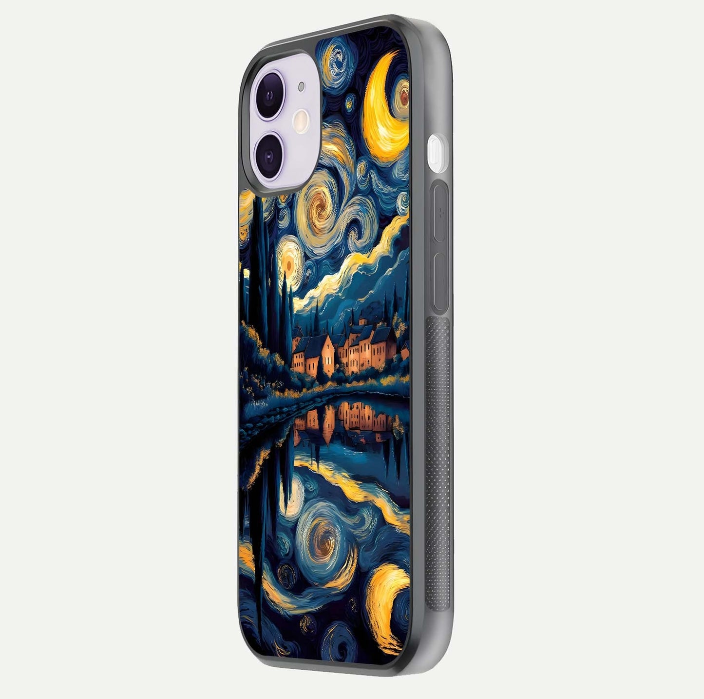 Starry Sky Serenity Glass Case for iPhone 11 side-angle image showing reflection and night-sky detail