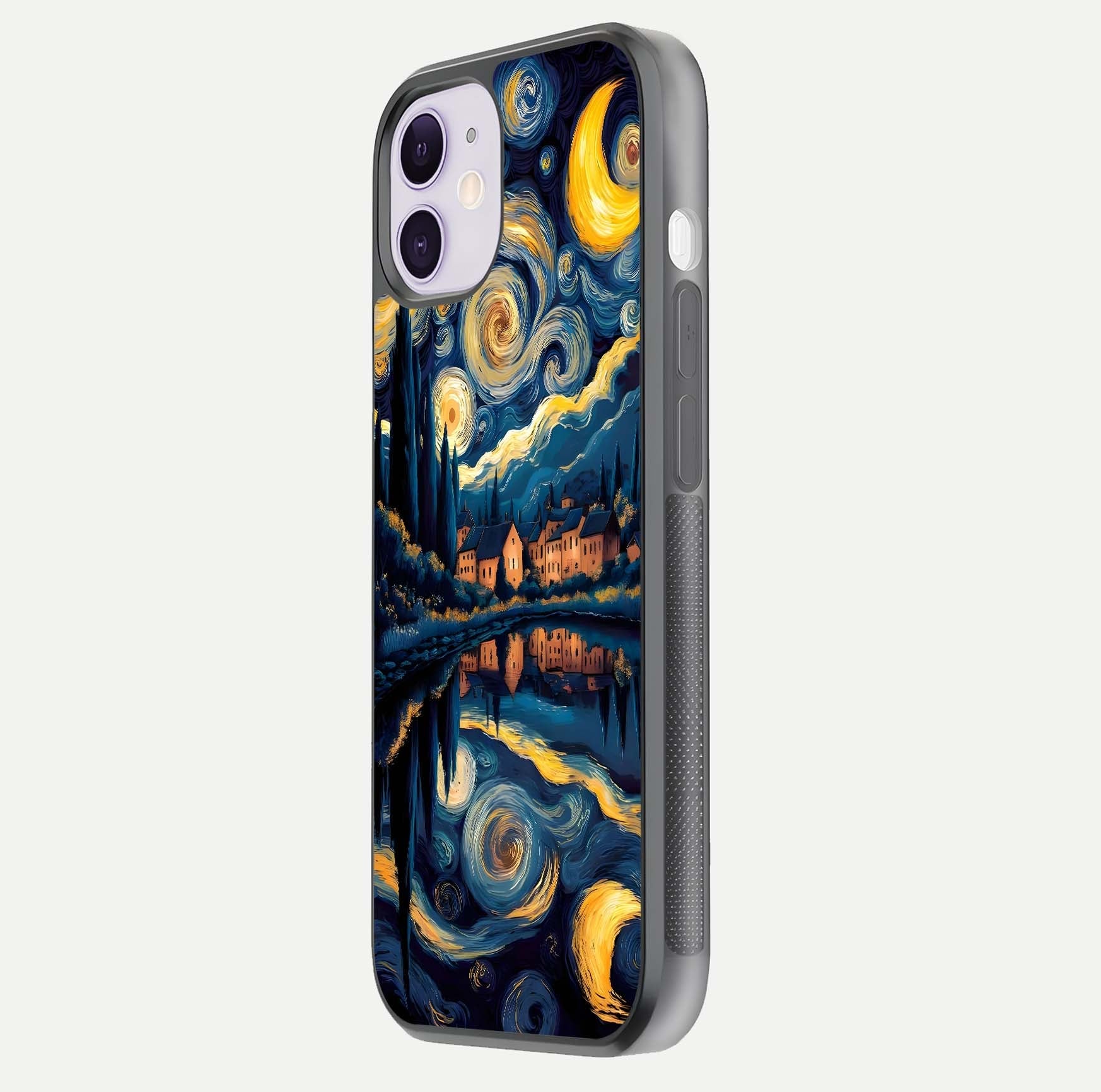 Starry Sky Serenity Glass Case for iPhone 11 side-angle image showing reflection and night-sky detail