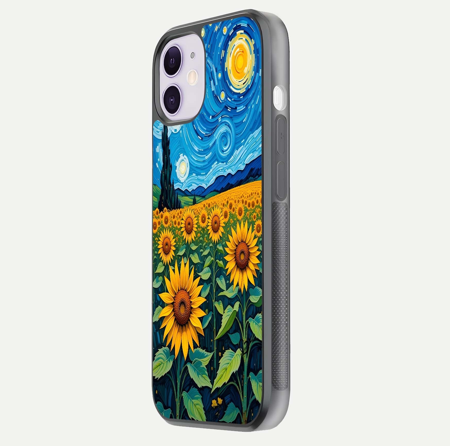 Starry Sunflower Dreams Glass Case for iPhone 11 side-angle image showing reflection, stars, and yellow tone