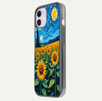 Starry Sunflower Dreams Glass Case for iPhone 11 side-angle image showing reflection, stars, and yellow tone