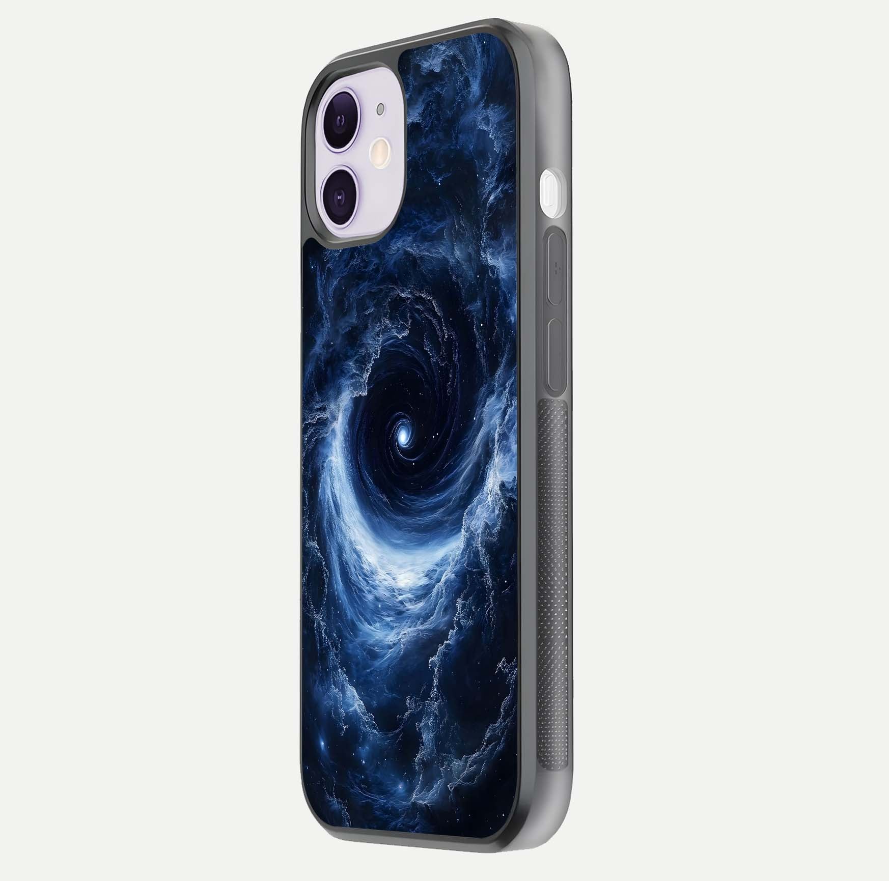 Stunning Galaxy Glass Case for iPhone 11 side-angle image showing glossy reflection and space detailing