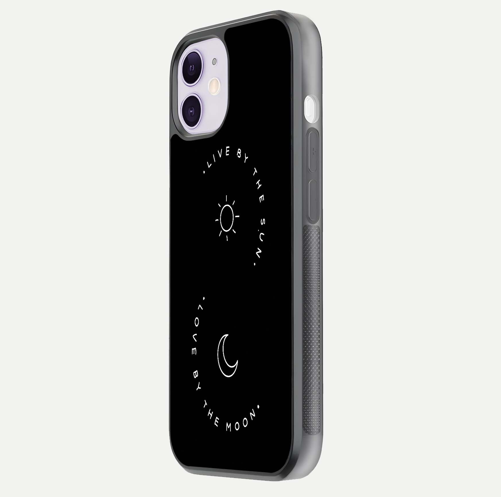 Sun Moon Balance Glass Case for iPhone 11 side-angle image showing reflection and celestial detailing