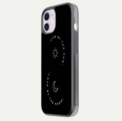 Sun Moon Balance Glass Case for iPhone 11 side-angle image showing reflection and celestial detailing