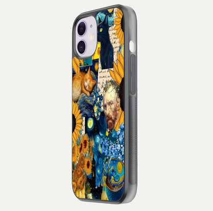 Sunflower Cat Art Glass Case for iPhone 11 side-angle image showing shine, edges, and sunflower texture
