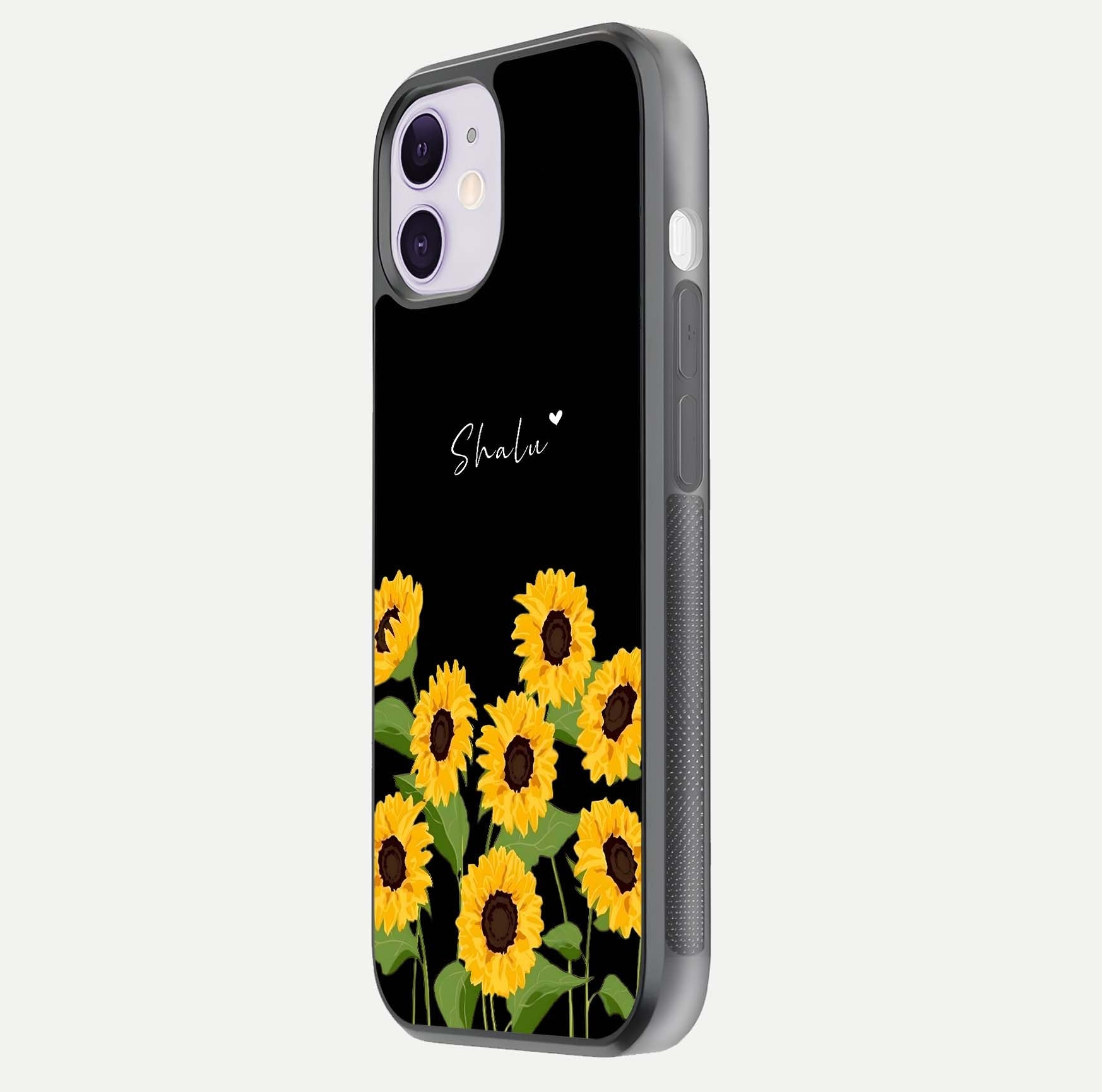 Sunflower Chic Mood Custom Name Glass Case for iPhone 16 Pro side-angle image showing reflection and yellow floral tone