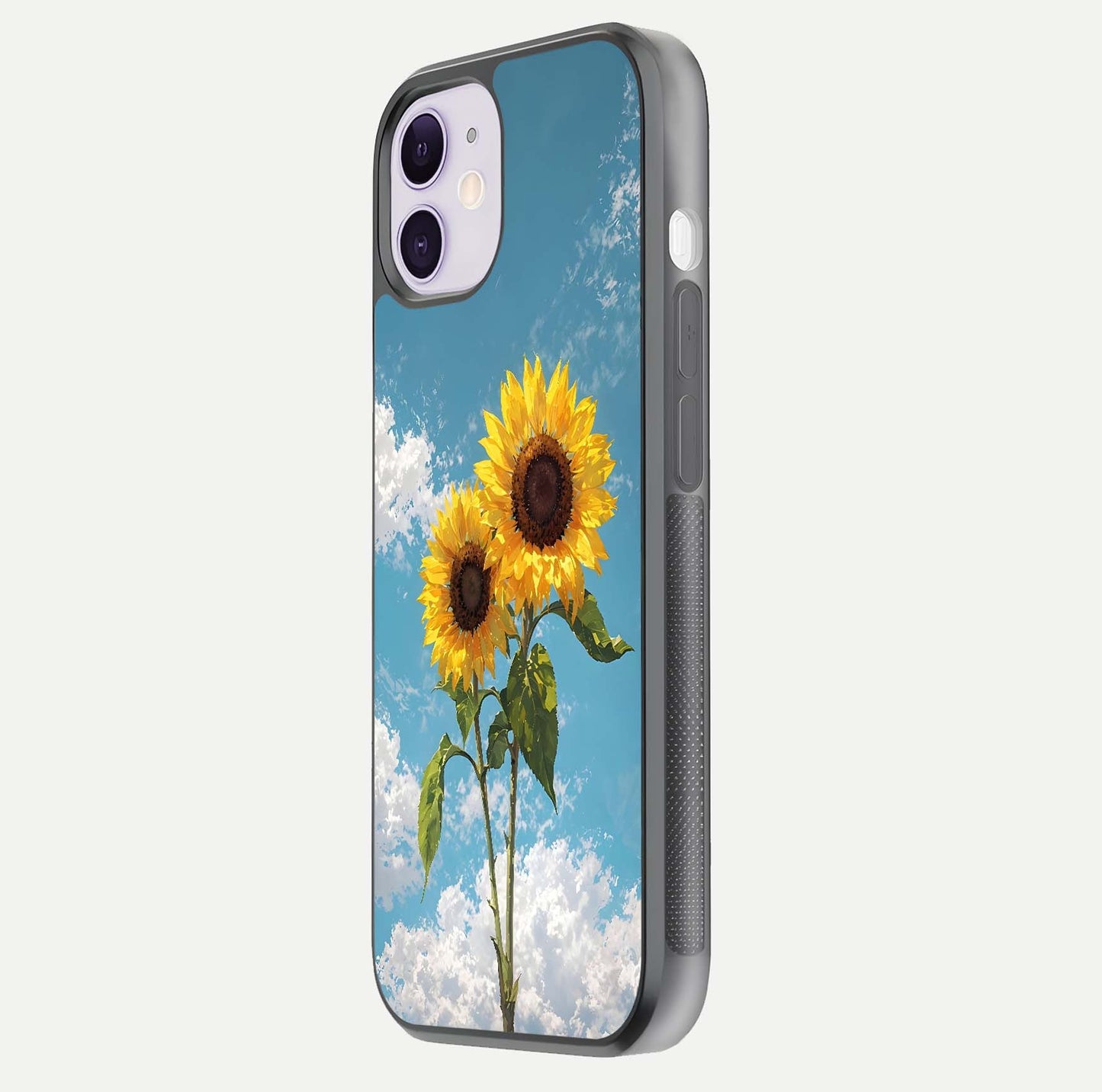 Sunflower Sky Bloom Glass Case for iPhone 11 side-angle image showing reflection, edges, and sunflower color