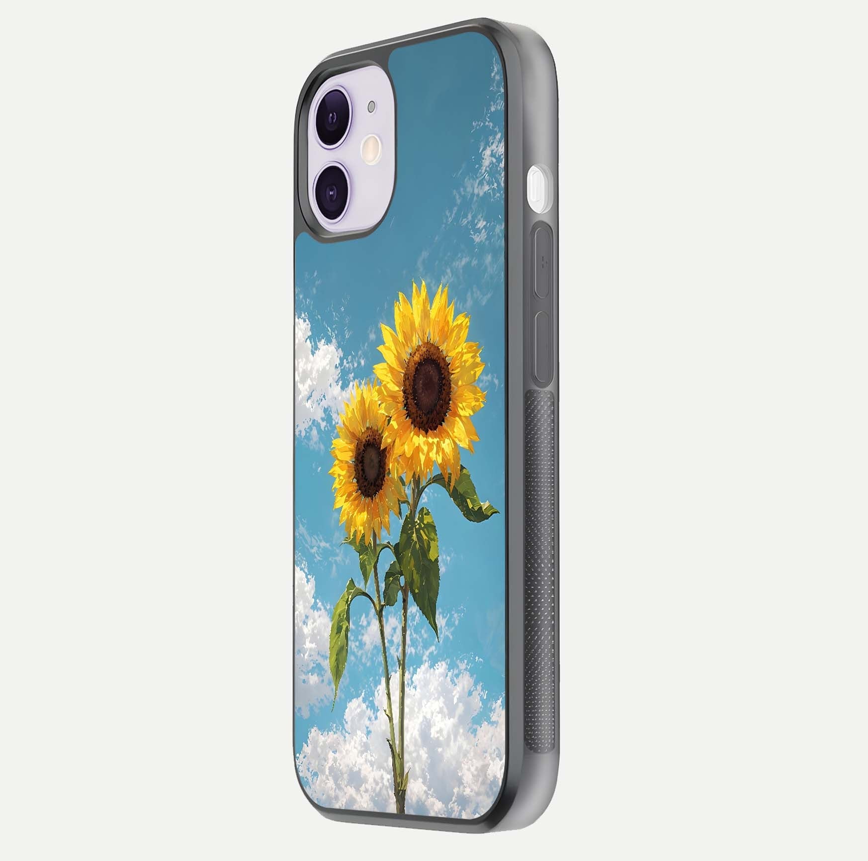 Sunflower Sky Bloom Glass Case for iPhone 11 side-angle image showing reflection, edges, and sunflower color