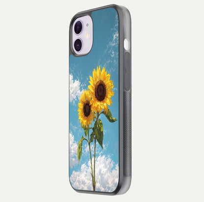 Sunflower Sky Bloom Glass Case for iPhone 11 side-angle image showing reflection, edges, and sunflower color