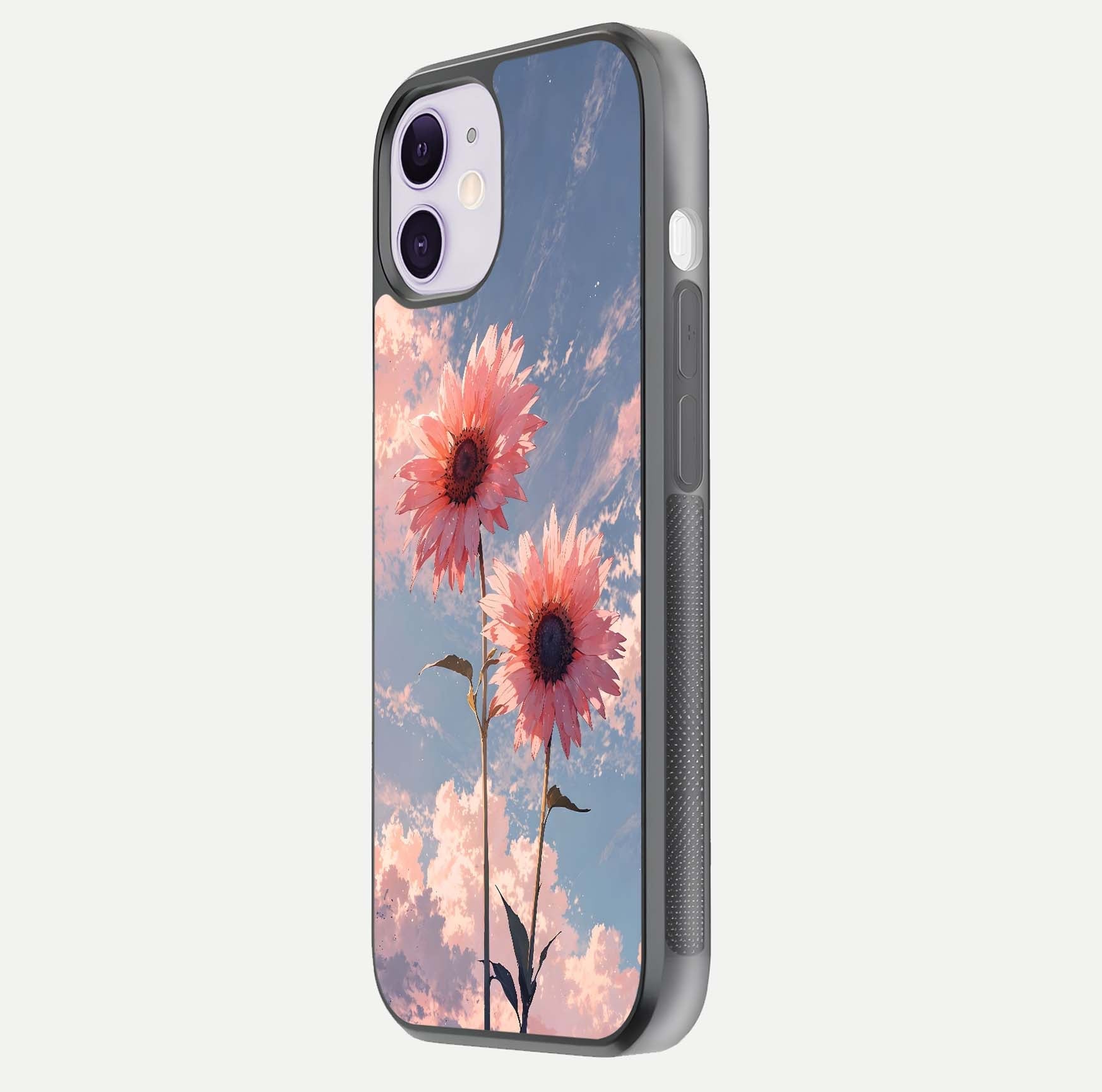 Sunlit Daisy Glow Glass Case for iPhone 11 side-angle image showing shine, gloss, and floral highlight