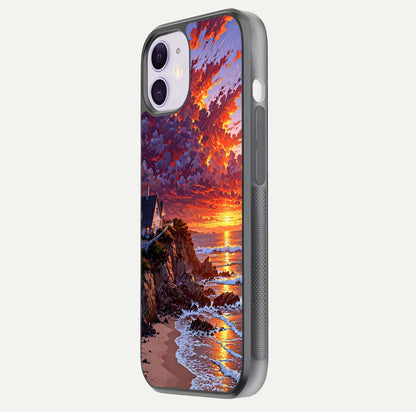 Sunset House by Sea Glass Case for iPhone 11 side-angle image showing reflection and seaside color tone
